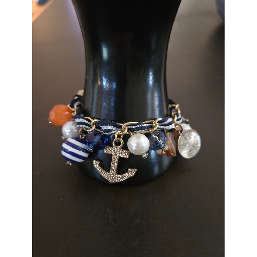 Y2K Nautical Anchor‎ Ship Wheel Charm Bracelet Navy Blue White Striped Ribbon